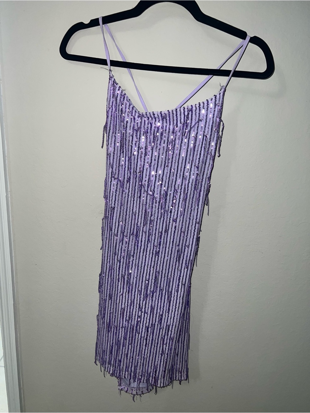 Bebe Lavender Sequin Fringe Slip Mini Dress